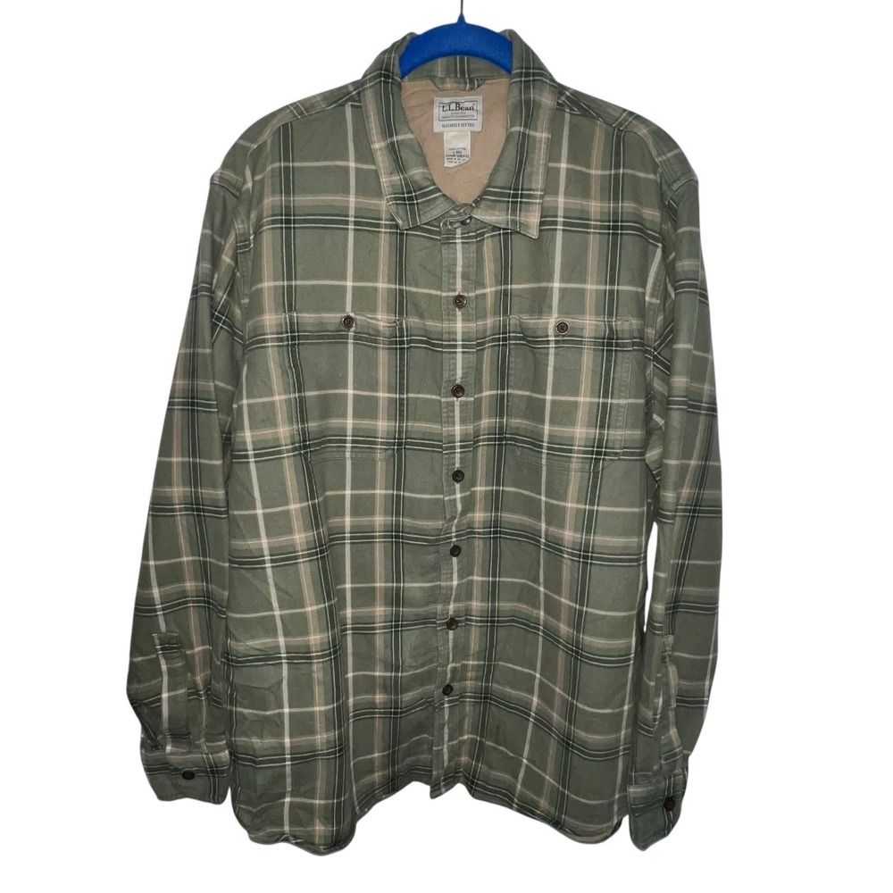 L.L. Bean Men Slightly Fitted Green Plaid Lined Button Down Shirt Shacket Large